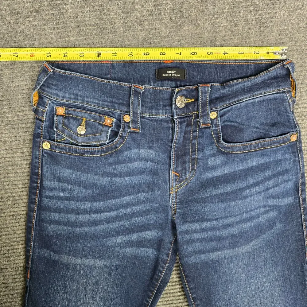 True Religion Ricky Flap Jeans Mens 30x26 Relaxed Straight Dark Wash Hemmed